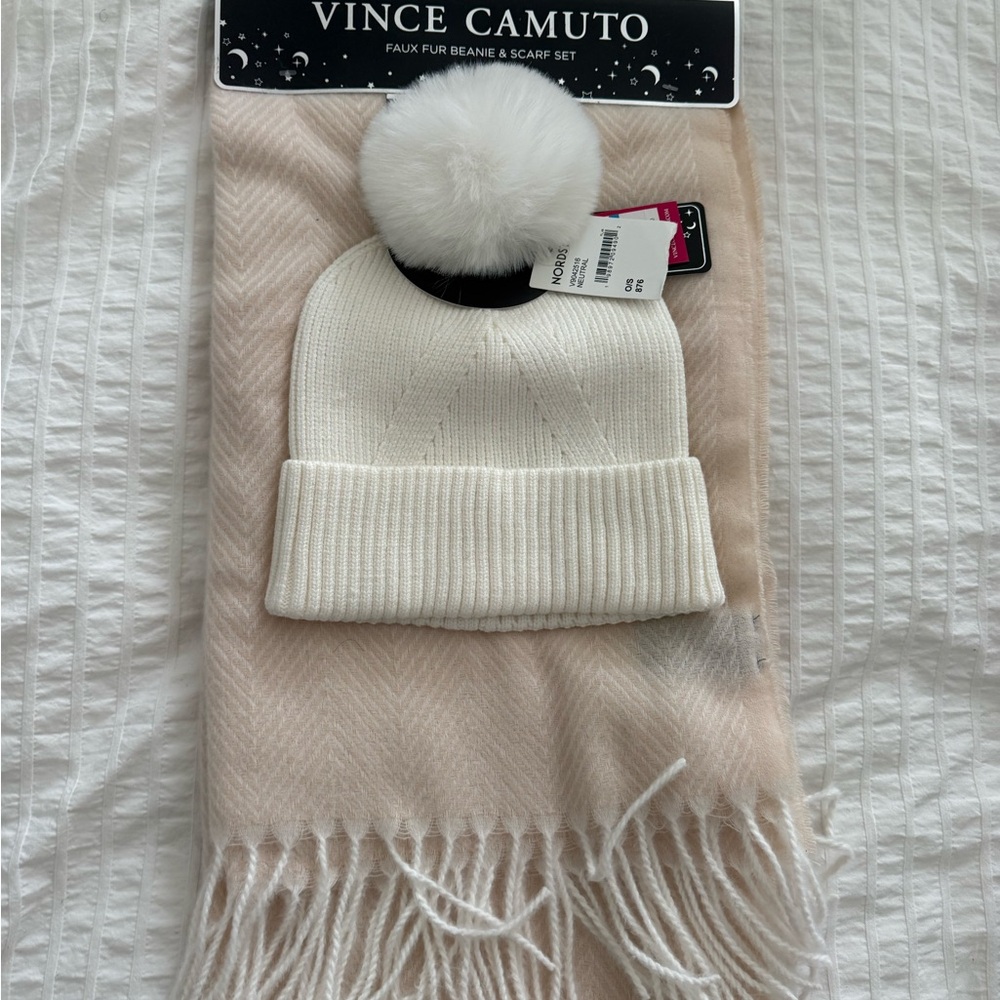 Vince Camuto Cream Beanie with Blush Scarf Set